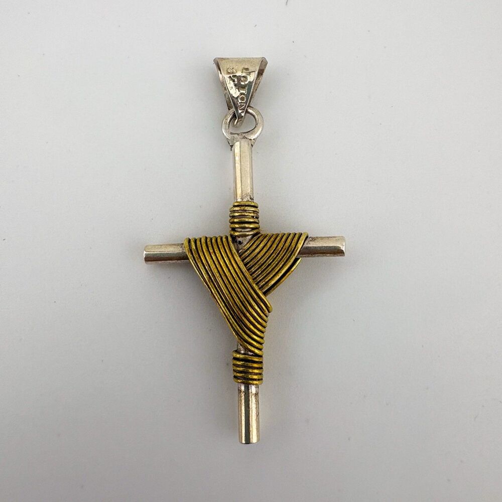 Vintage 925 Silver Cross Pendant, Taxco Laton Signed Sterling Brass Wrap 2 Tone